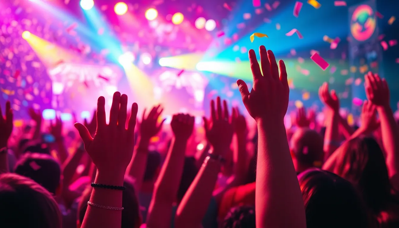 Vibrant Festival Crowd Celebrating with Hands Raised