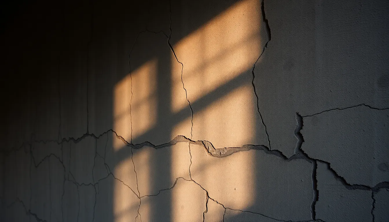 This image features a weathered concrete wall, capturing the raw essence of urban decay. Warm tungsten lighting casts dynamic shadows, revealing intricate cracks and peeling paint that tell a story of time. The shallow depth of field brings the textures to life, while soft bokeh in the background adds interest. The rich grey tones evoke a moody atmosphere, perfect for artistic or architectural representations.