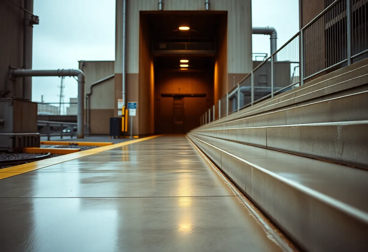 This image portrays a series of polished concrete steps under the soft light of an overcast sky. The hyperfocal focus ensures that every detail from front to back is sharp, capturing the tranquility of the moment. The warm hues of the Kodak Portra 400 color palette provide a comforting feel, while the moisture on the surface creates a subtle sheen. Leading lines draw the viewer's gaze up the steps towards the entrance, inviting exploration of the industrial setting.