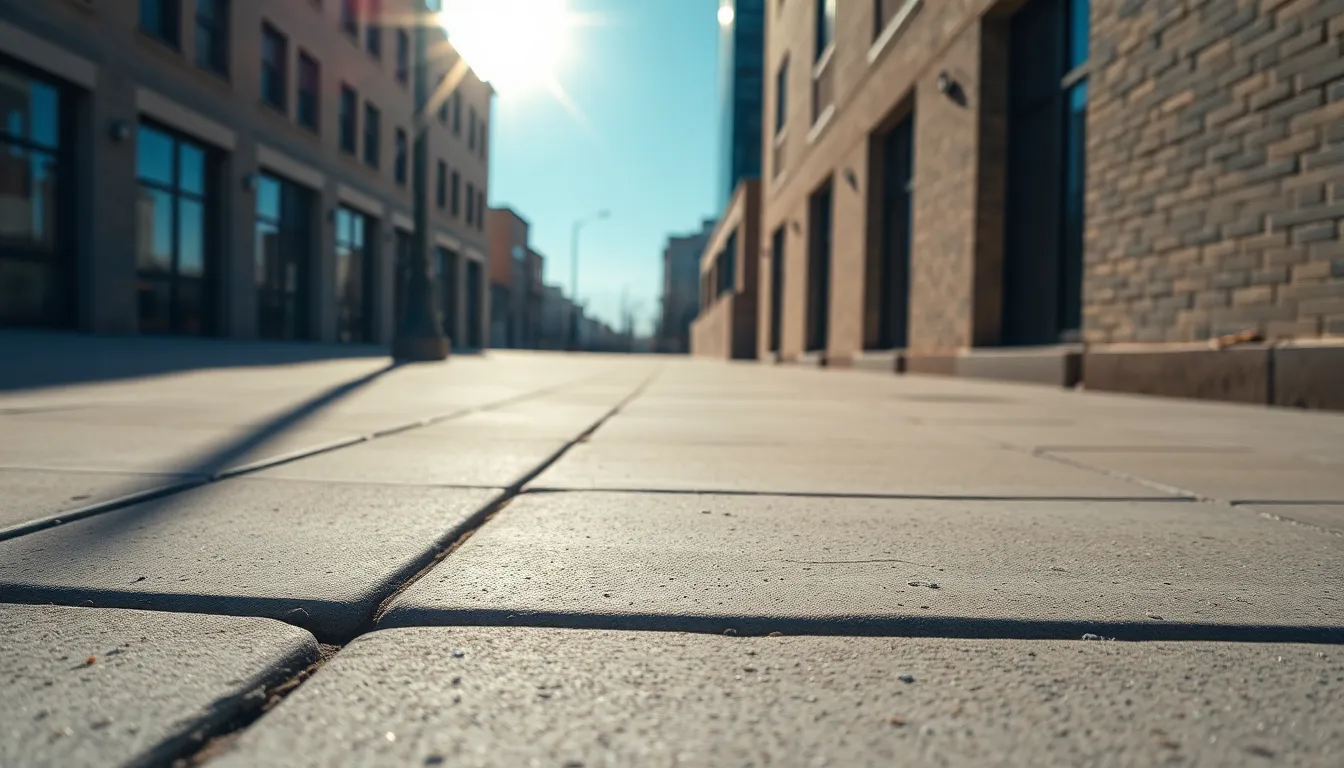 This dynamic image shows a concrete sidewalk under the bright midday sun, casting sharp shadows that create interesting patterns. The hyperfocal depth of field captures a wide perspective, ensuring all elements are in focus. The vibrant colors enhance the texture and details, while leading lines guide the viewer's eye through the scene. This image is ideal for urban and outdoor themes.