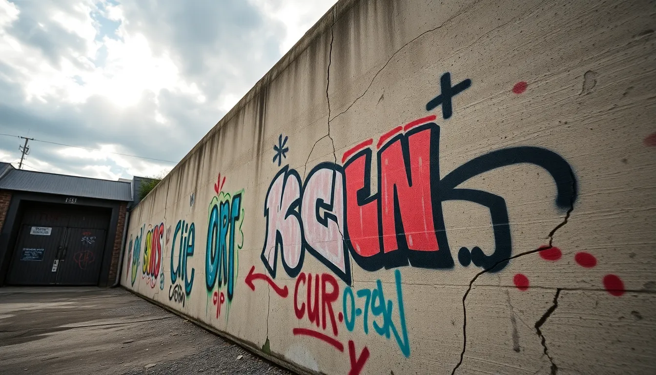 Vibrant Street Art on Cracked Concrete Wall This image features a close-up of a cracked concrete wall, showcasing vibrant street art that pops against the muted background. The diffused natural light creates soft highlights, emphasizing the textures of the rough surface. The leading lines naturally draw the viewer's eye to the colorful artwork, making a striking visual statement. The desaturated earth colors provide an interesting contrast, enhancing the overall atmosphere.