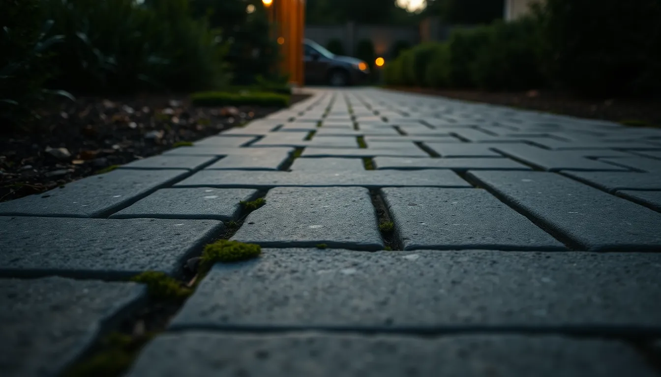 This serene image features a close-up of concrete pavers used in a garden path, captured during dusk. The low light beautifully emphasizes the textures and patterns of the concrete, creating a calming atmosphere. The shallow depth of field enhances the intricate details, while the muted colors blend harmoniously with the surrounding nature. The diagonal composition draws the viewer's eye along the path, evoking a sense of peaceful exploration.