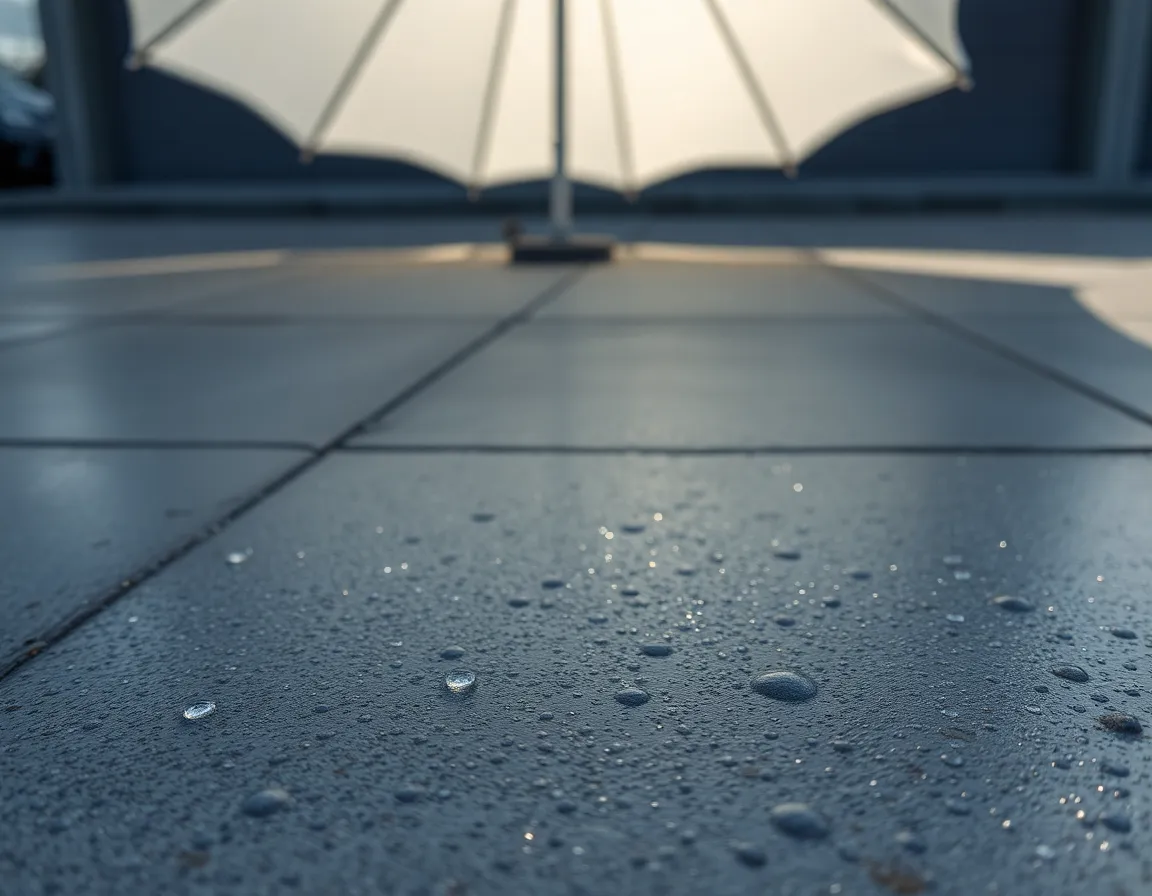This macro shot brings attention to a fresh concrete slab, captured just after a light rain. The soft fill light creates an even illumination that highlights the surface texture, while tiny dewdrops glisten like jewels atop the gray concrete. The saturated colors reminiscent of Fujifilm Velvia enhance the rich tones of the concrete, creating a striking visual experience. The rule of thirds composition expertly draws attention to the delicate interplay of light and texture.