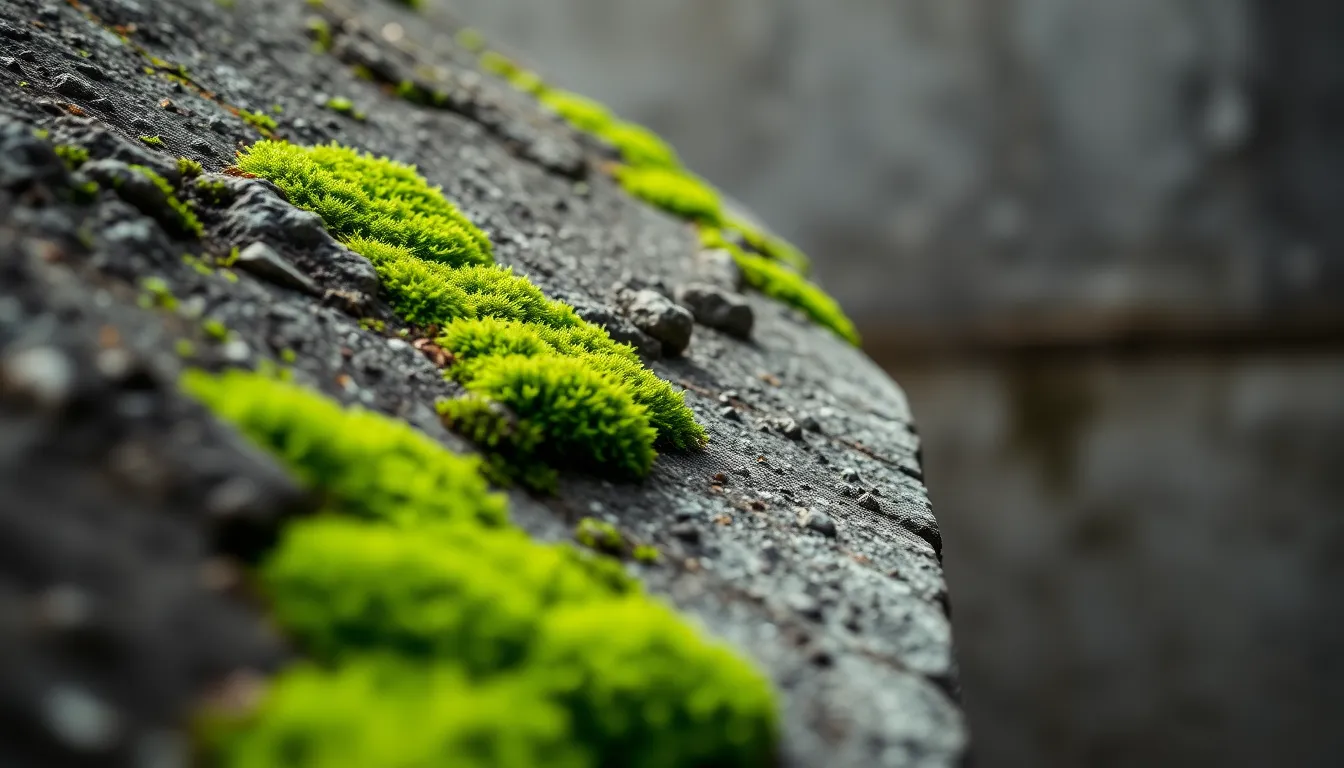 This captivating image reveals an abstract representation of weathered concrete adorned with vibrant moss growth. Captured in natural daylight, the rough texture of the concrete is enhanced by soft highlights, while the moss adds a vivid splash of green, illustrating the beauty of life coexisting with urban materials. The shallow focus emphasizes the moss, creating an engaging focal point that draws the viewer in.