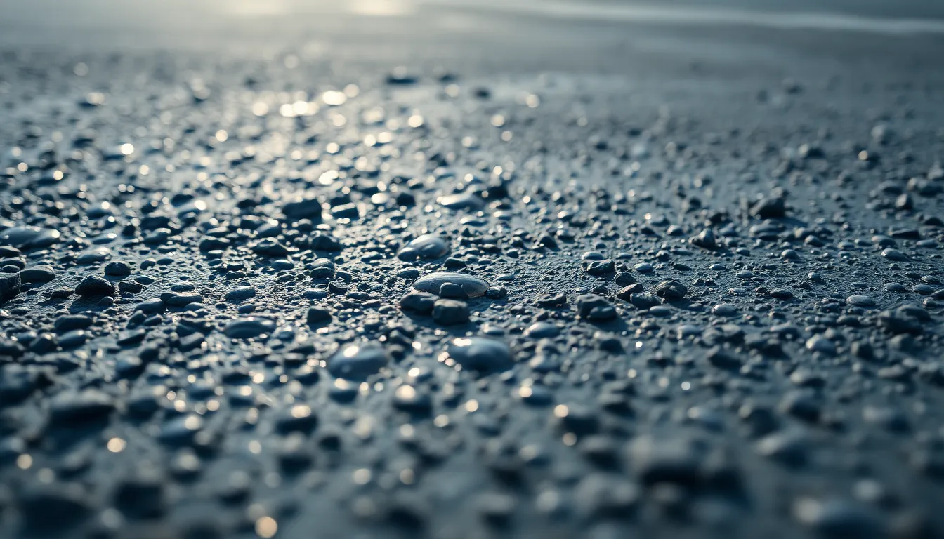 This macro image highlights the raw beauty of freshly poured concrete, showcasing intricate textures and aggregates. Soft morning light creates shimmering reflections on water droplets that pool on the surface, enhancing the tactile quality of the scene. The subtle color palette of grays and blues conveys a sense of calm and coolness. The composition focuses on the details, inviting viewers to appreciate the nuances of this everyday material.