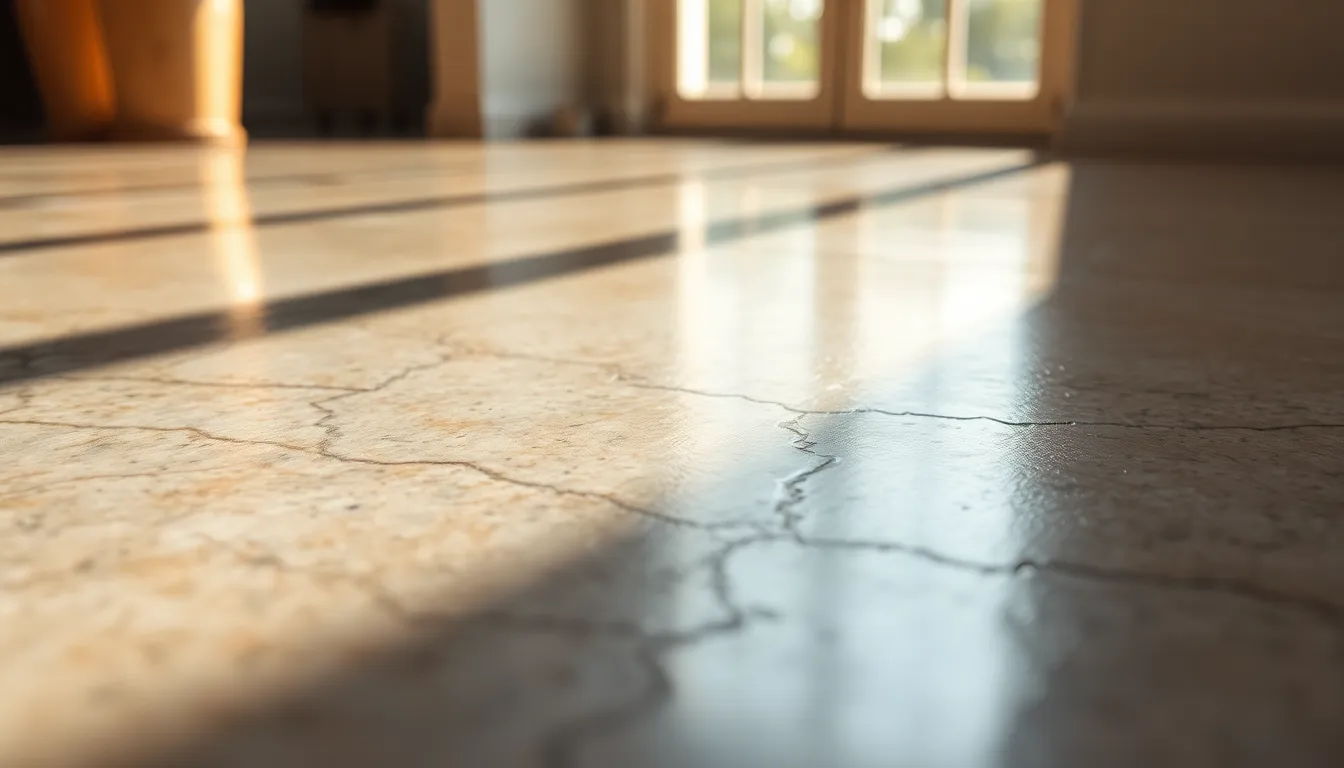 This close-up image showcases the intricate details of a polished concrete floor, capturing its reflective quality and unique patterns. Natural light filters in, casting warm highlights that accentuate the smooth surface. The soft neutral tones create a sophisticated and elegant atmosphere, making it a perfect fit for interior design or architecture projects. The shallow depth of field draws attention to the polished textures, allowing viewers to appreciate the craftsmanship involved.