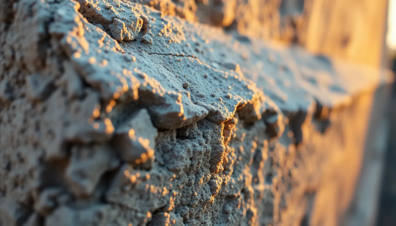 This extreme close-up image reveals the intricate textures of a crumbling concrete block, showcasing its granular structure and decay. Warm golden hour light enhances the three-dimensional details, creating an engaging interplay of highlights and shadows. The shallow depth of field effectively isolates the subject from its surroundings, inviting viewers to explore the beauty in imperfection.