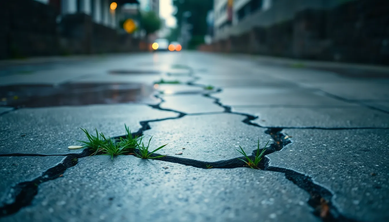 This artistic image captures a weathered concrete sidewalk with cracks and grass sprouting through, beautifully showcasing nature's resilience. The effects of a rainy day create reflections and a moody atmosphere, while the cool gray and green tones evoke a sense of harmony between urban life and nature. The shallow depth of field highlights the intricate details of the cracks, making it a poignant piece for environmental and urban photography.
