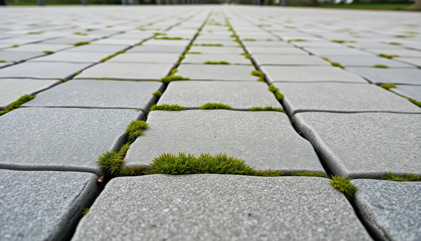 This close-up image features weathered concrete pavers in a public park, revealing the beauty of nature reclaiming man-made surfaces. The soft, diffused light from overcast skies enhances the vivid textures of the pavers, including moss and tiny grass shoots sprouting in between. The meticulous detail and sharpness of the entire scene invite viewers to appreciate the delicate symbiosis between concrete and nature.