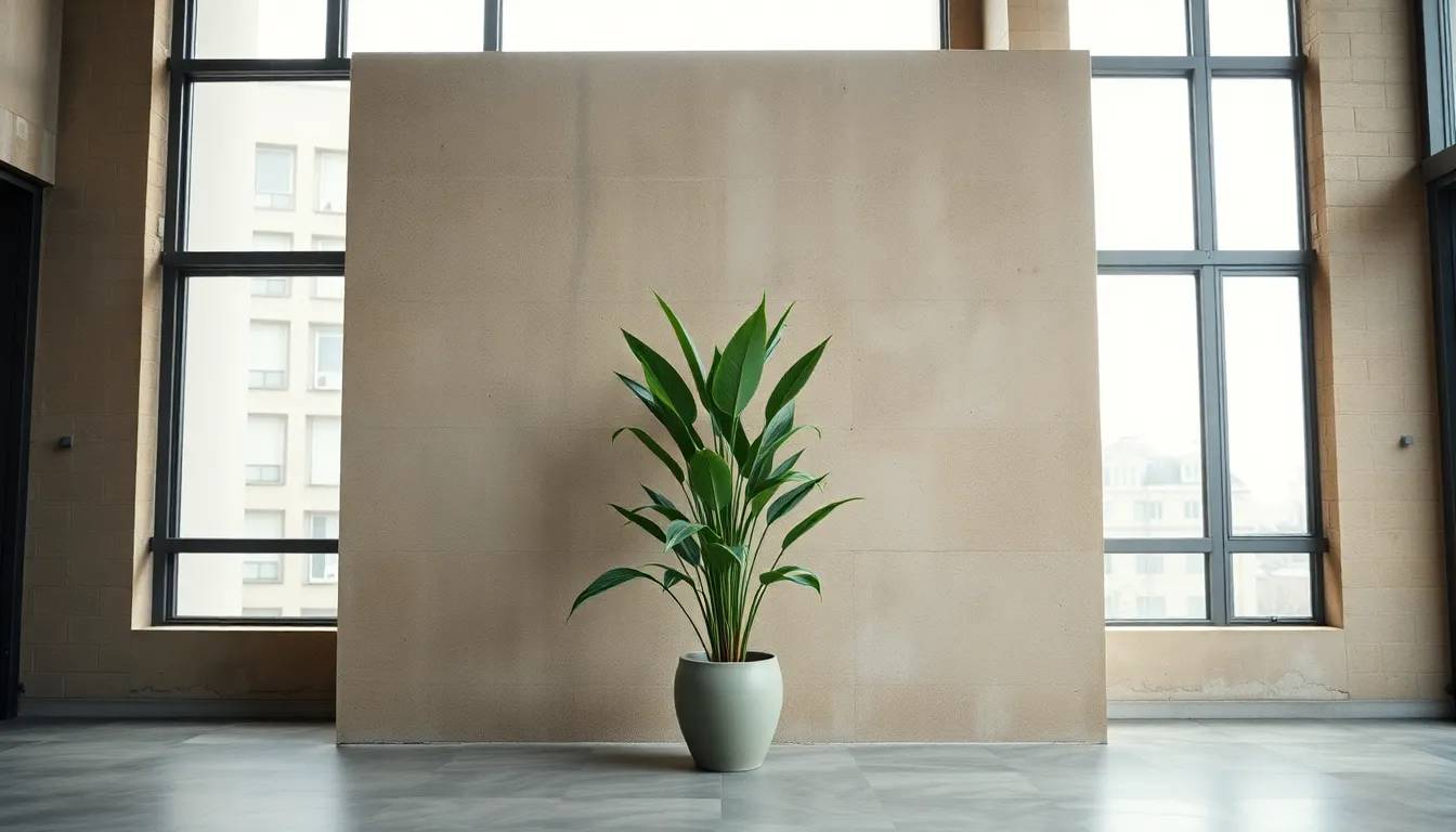 Raw Concrete Wall with Green Potted Plant This image presents a raw concrete wall beautifully contrasted by a lush green potted plant placed in front. The soft, diffused daylight filters through floor-to-ceiling windows, creating a serene and peaceful atmosphere. With a shallow depth of field, the background softly blurs into bokeh, allowing the viewer to focus on the textural details of the concrete. The muted earth colors contribute to the overall calming mood, making it ideal for modern interior design.