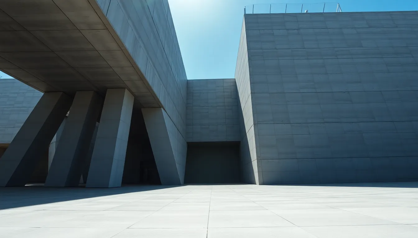 This image presents a striking view of a modern concrete structure, capturing its geometric design and sharp lines under the intense midday sun. The play of light and shadow accentuates the unique architecture, while the cool gray tones reflect a contemporary aesthetic. The sharp focus across the entire frame emphasizes the intricate details, making it perfect for architecture or design portfolios.