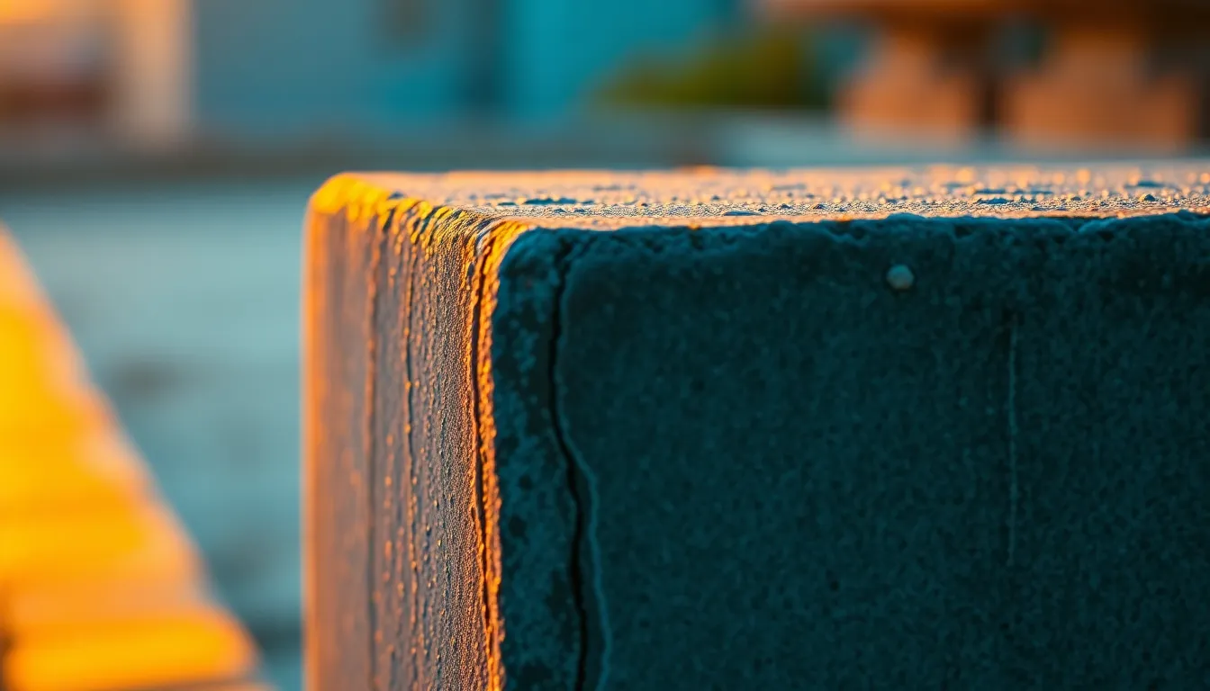 Weather-Worn Concrete Block at Golden Hour This captivating image features a weather-worn concrete block illuminated by warm golden hour backlighting. The soft rim light emphasizes the block's rough edges, while the cinematic teal and orange grading adds a dramatic flair. The selective focus draws attention to the intricate textures, including moss growing on the surface, creating a beautiful contrast. Positioned in the right third of the frame, the composition invites viewers to explore the details.