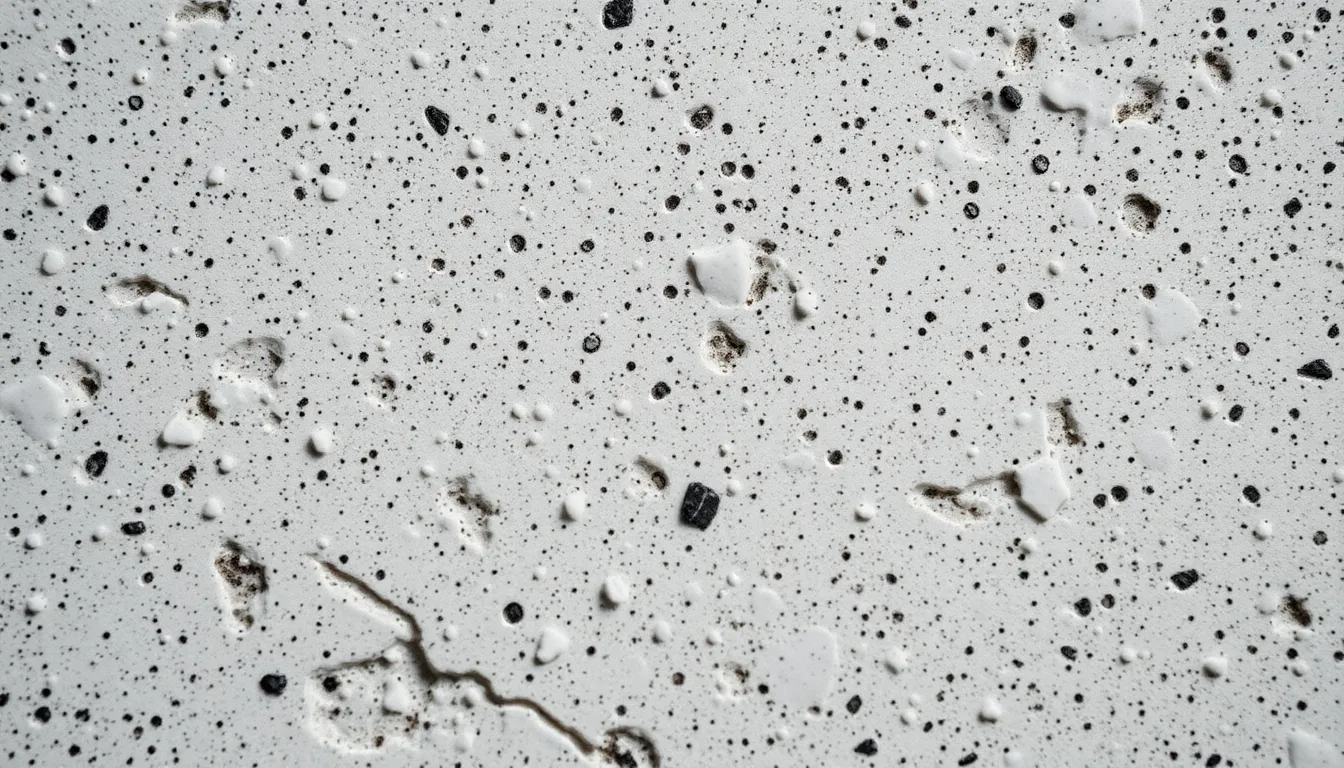 This macro photograph presents a cross-section of polished concrete, revealing the stunning intricacies of the aggregate within. Captured with soft, diffused lighting, the glossy finish highlights the textures and surfaces of the material, while the shallow depth of field ensures focus on the details. The image's rich whites and greys create a modern aesthetic, perfect for showcasing architectural materials or contemporary design features.