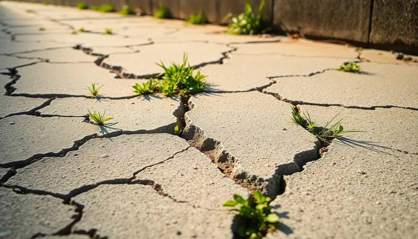Crumbling Concrete Sidewalk with Grass