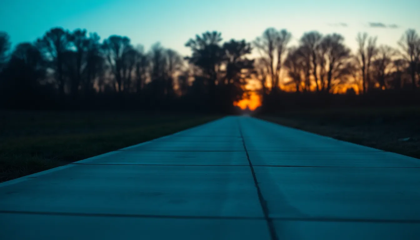 This captivating image features a concrete pathway at twilight, illuminated by the soft ambient light that transitions into night. The deep depth of field ensures that every detail from foreground to distance is clear, showcasing the pathway's journey into the trees. The cinematic teal and orange color grading creates a stunning contrast between the cool tones of the concrete and the warm hues of the setting sun. Leading lines effectively guide the viewer's gaze into the tranquil scene, enhancing the sense of depth.