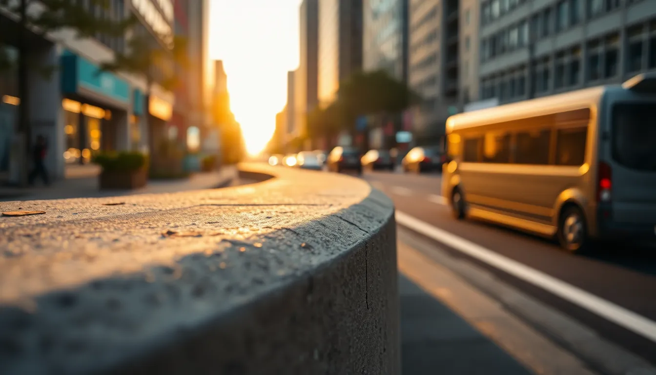 This urban photograph captures a weathered concrete barrier illuminated by the warm light of golden hour, showcasing its texture and imperfections. The shallow depth of field creates a soft background bokeh, allowing the viewer to focus on the rugged features of the barrier while hints of city life blur in the distance. Leading lines from the street guide the eye to the barrier, emphasizing the contrast between nature and urbanity.