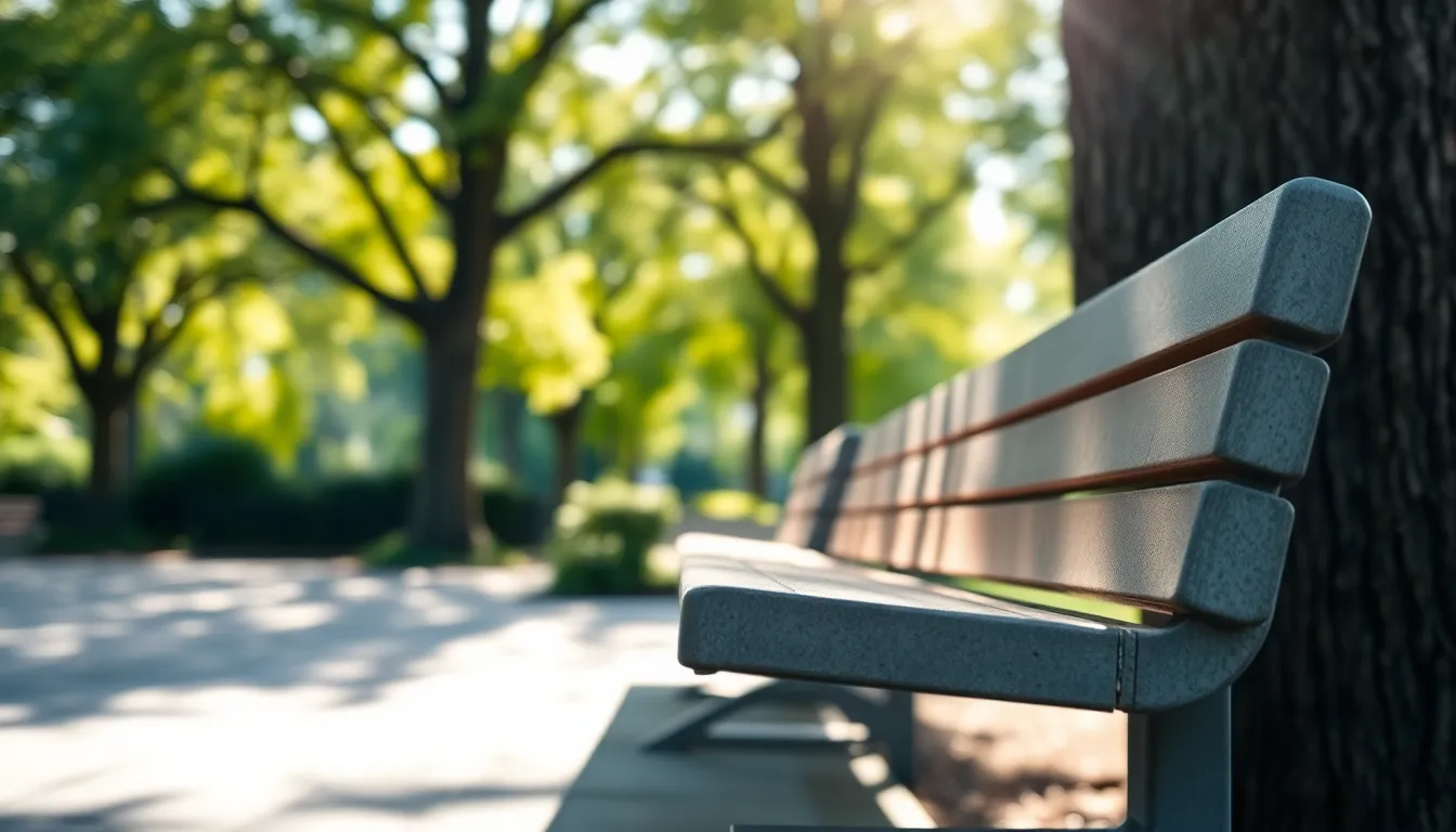 This serene image showcases a polished concrete bench nestled in an urban park, bathed in dappled sunlight. The bench's smooth surface contrasts beautifully with the surrounding natural elements, creating a peaceful atmosphere. Soft, natural tones dominate the color palette, enhancing the calming mood of the scene. The thoughtful composition invites viewers to imagine themselves resting on this inviting bench.