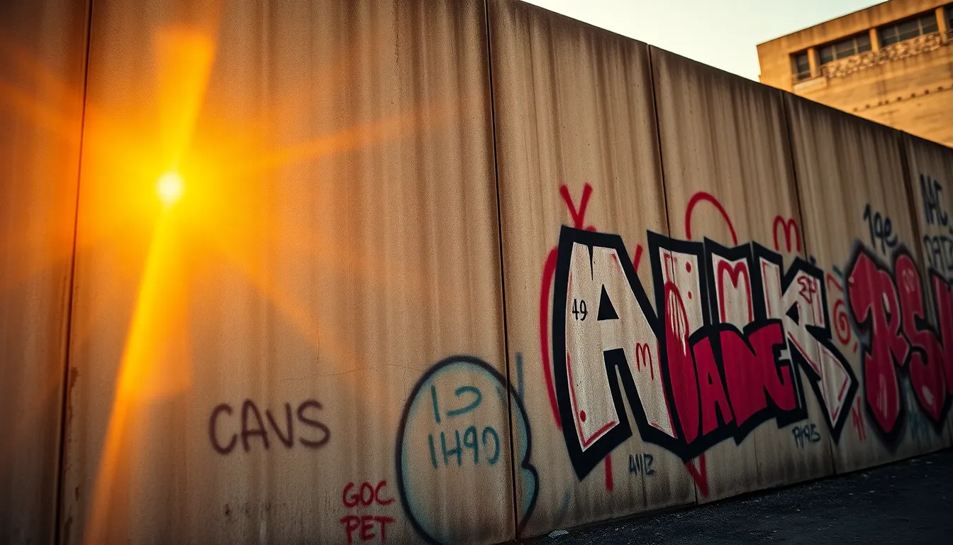 This captivating photograph features a concrete wall illuminated by golden hour light, adorned with vibrant street art that bursts with color. The warm backlighting casts a beautiful rim light that accentuates the rough texture of the concrete, creating a striking contrast with the vibrant colors of the graffiti. The angle of the shot adds depth, making it an excellent representation of urban artistic expression.