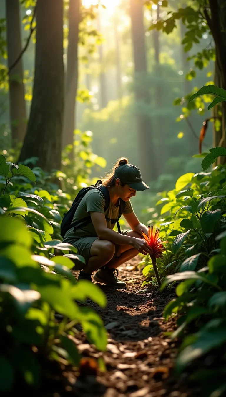 Conservationist Examining Rare Flower in Rainforest