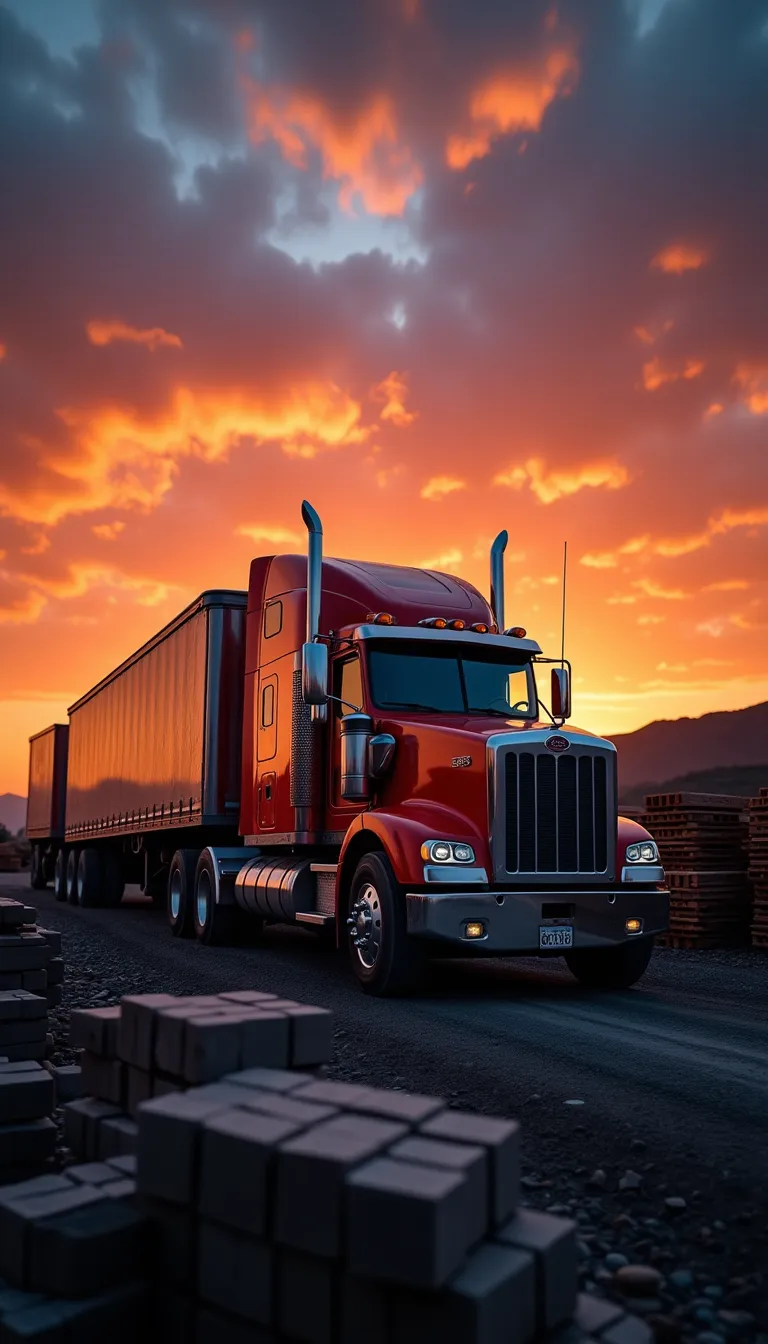 Truck at Construction Materials Yard at Sunset