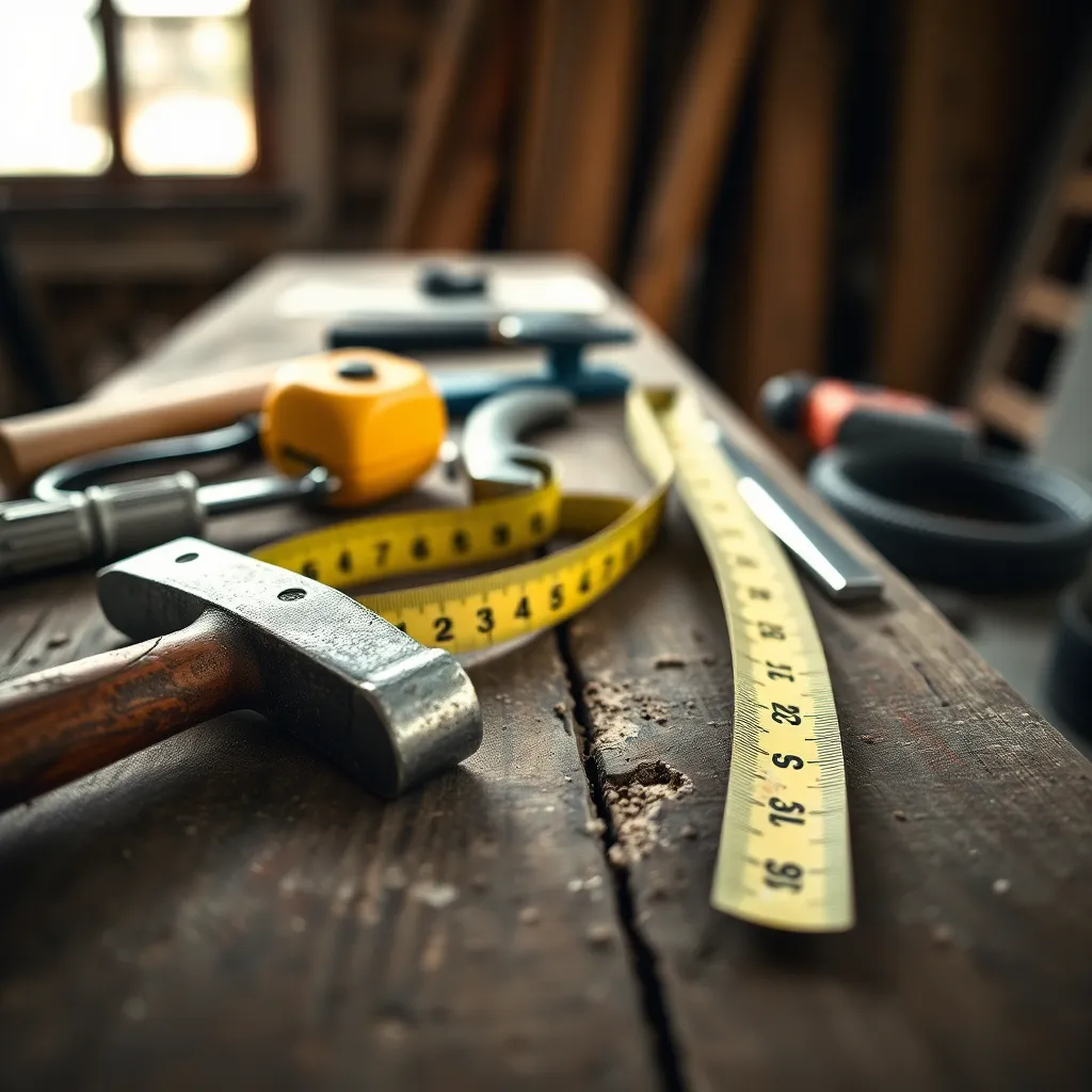 This intimate close-up captures a collection of construction tools resting on a weathered wooden workbench. Soft diffused light showcases the wear on the rusted hammer and measuring tape, evoking a sense of craftsmanship. The shallow depth of field isolates the tools from the background, ensuring full focus on their texture and form. The muted color palette adds a layer of authenticity to the scene.