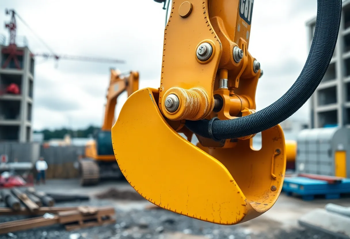 This dynamic image features a close-up view of a hydraulic excavator's arm, showcasing its robust and intricate mechanics. The diffused light enhances the vivid yellow color of the machinery, contrasting beautifully against the gray concrete surroundings. The shallow depth of field draws attention to the texture and details of the excavator, emphasizing its strength and functionality on a busy construction site. The overall composition provides a striking perspective on the heart of industrial construction.