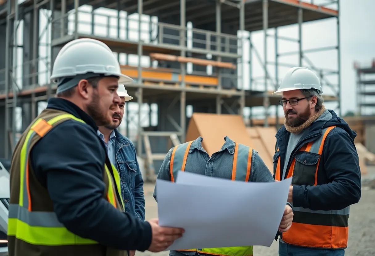 Construction Manager Consulting with Team on Site
