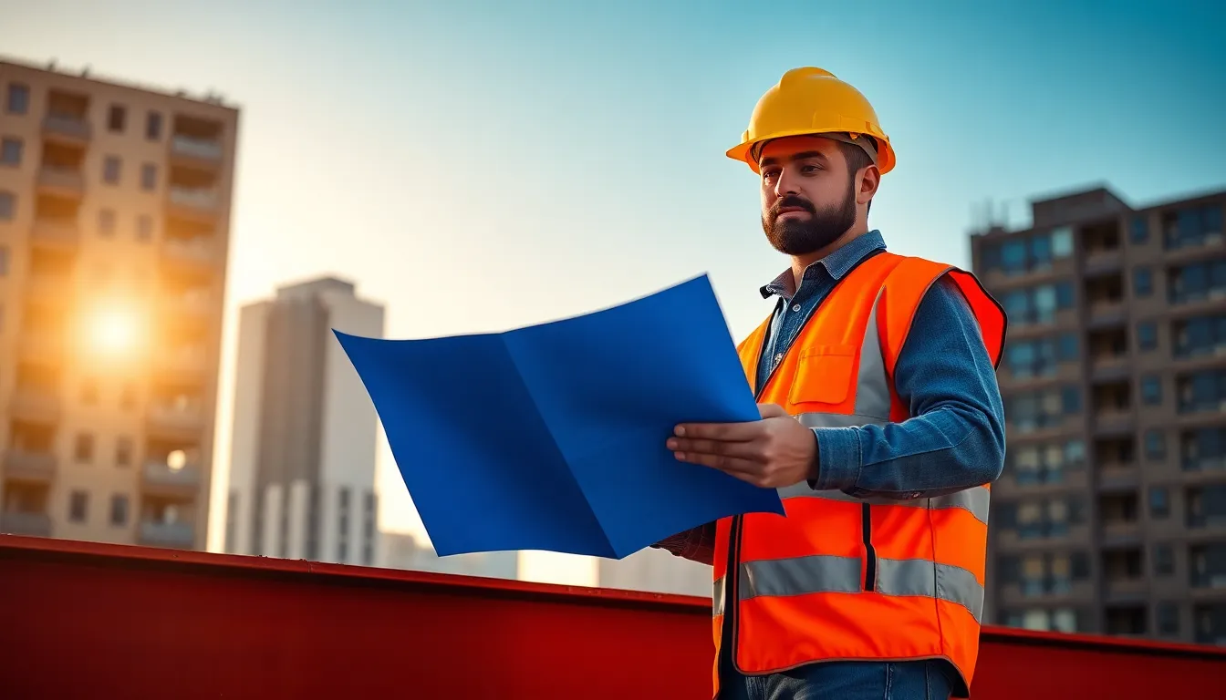 Construction Worker with Blueprint on Steel Beam