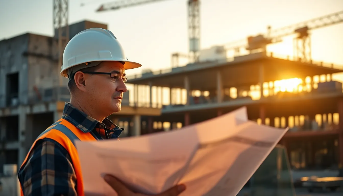 This image captures a construction worker deeply engaged in reviewing blueprints at a busy construction site during a captivating golden hour. The warm light creates a welcoming atmosphere as the worker stands confidently with a hard hat and reflective vest, surrounded by the structures being erected. The soft focus on the background adds depth, while the warm skin tones reflect the Kodak Portra 400 color palette. The composition draws the viewer's eye, showcasing the dynamic energy of the construction industry.