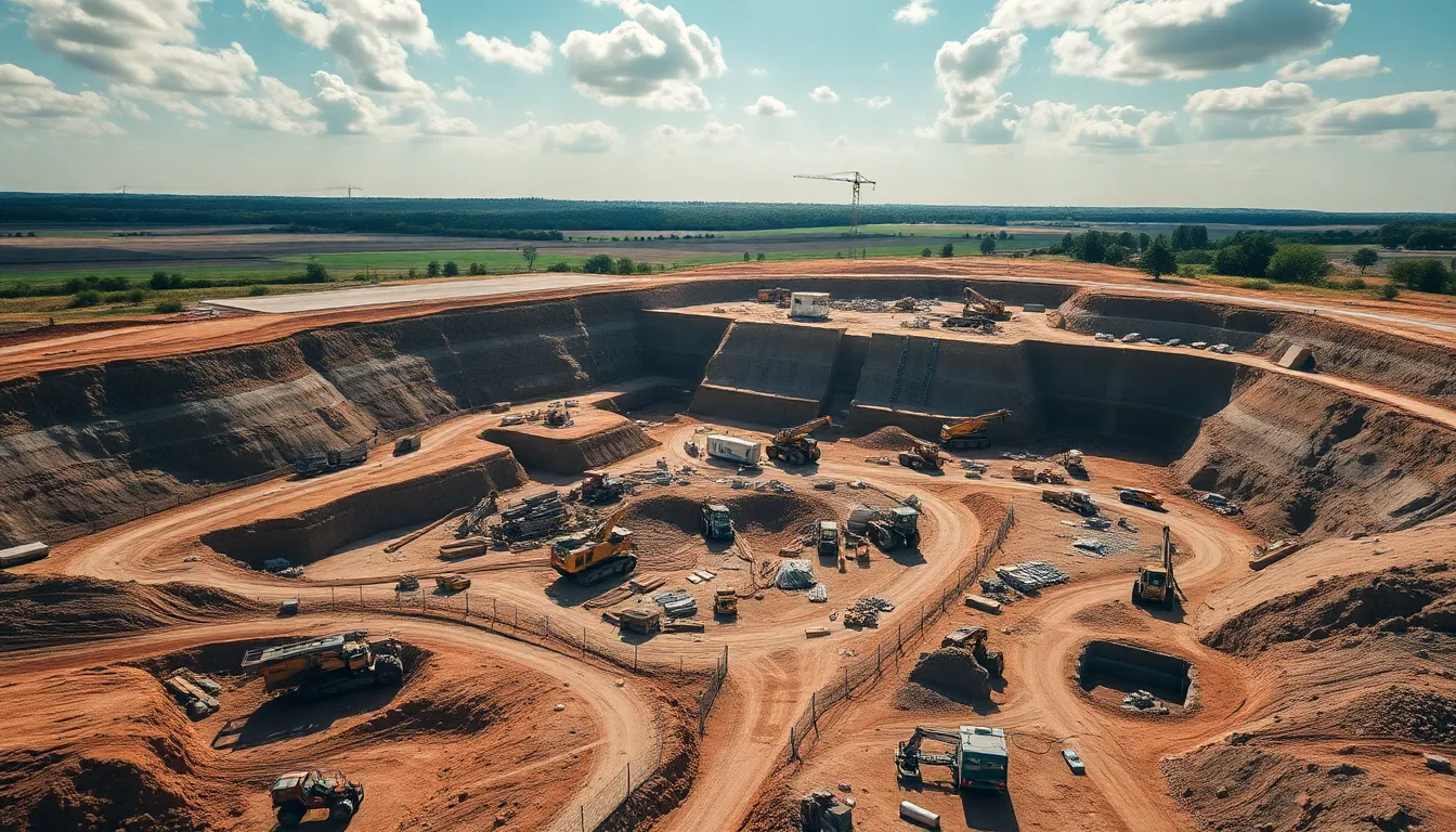 This aerial photograph offers a comprehensive view of a large construction site, showcasing the intricate layout of excavation, machinery, and the diligent workers below. Taken under bright midday sunlight, the scene is vibrant and alive with activity, highlighted by the colorful construction elements against the muted earth tones of the ground. The sharp focus throughout the image captures the scale and complexity of the ongoing project, providing a unique perspective that emphasizes organization and efficiency within industrial construction.