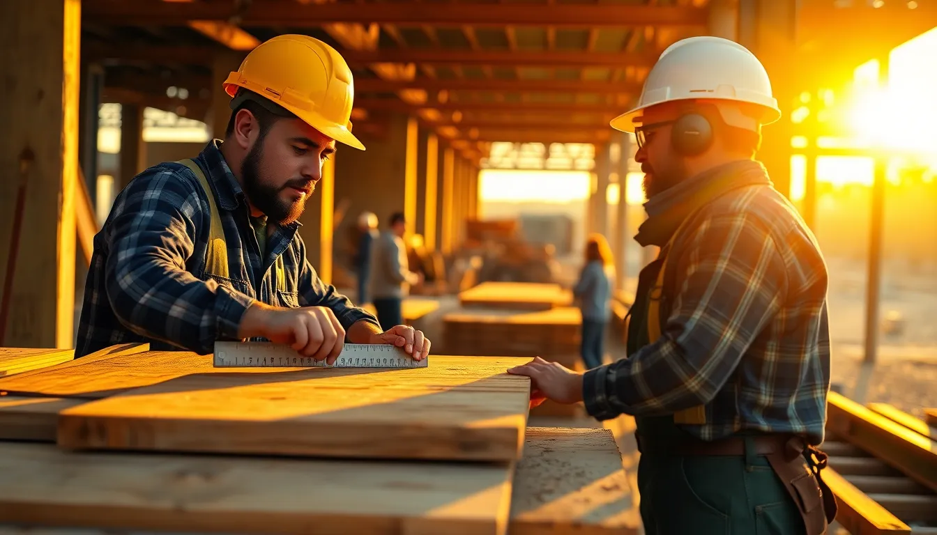 A vibrant construction site comes to life at sunrise, capturing workers in action. The warm golden light casts a glow on the scene, enhancing the focus on a carpenter measuring wood. Soft bokeh surrounds the busy environment, creating a dynamic yet intimate atmosphere. The rich textures of wood and metal add depth and realism to the image.