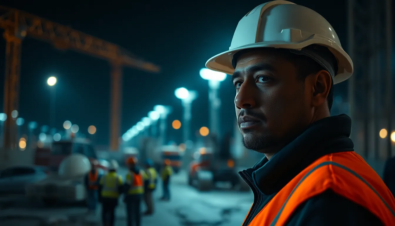 This compelling nighttime shot reveals a construction site bustling with activity under powerful floodlights. Workers in reflective vests navigate the illuminated area, their expressions captured in detail amidst dramatic shadows. The selective focus highlights a worker's engaged expression, while the background softly blurs. A cinematic color palette enhances the dynamic mood of the scene.