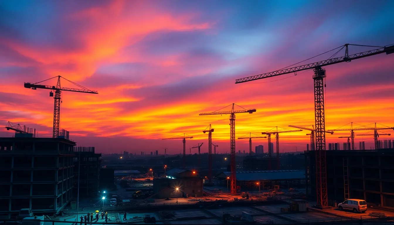 Panoramic View of Construction Site at Dusk