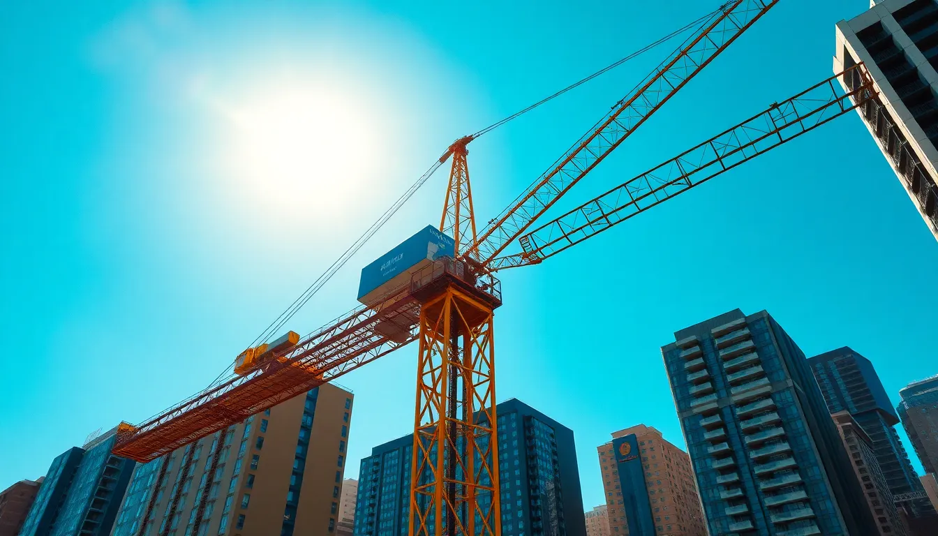 This striking cityscape features a construction crane in action, set against a crystal-clear blue sky. The midday sun bathes the scene in light, casting soft shadows and revealing the intricate metal textures of the crane. Hyperfocal sharpness ensures clarity throughout the image, while vibrant colors enhance the industrial aesthetic. The crane’s dominant presence adds a focal point to the bustling urban environment.