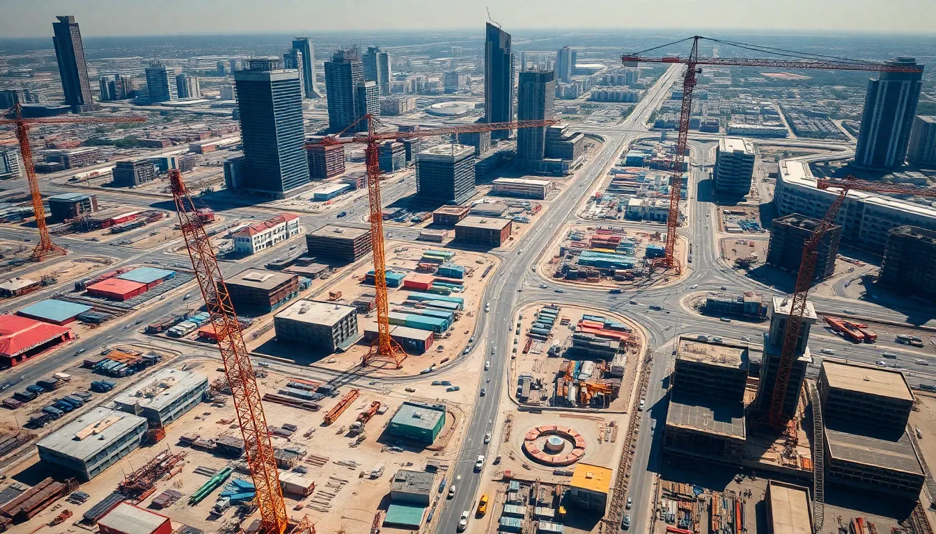 This stunning aerial view showcases a sprawling urban construction site with cranes, machinery, and formation of new buildings. The bright midday sun creates striking contrasts and sharp shadows. Leading lines from roads and structures guide the viewer's eye, revealing the complexity of the development. The vibrant colors of the materials further enhance the energetic atmosphere.