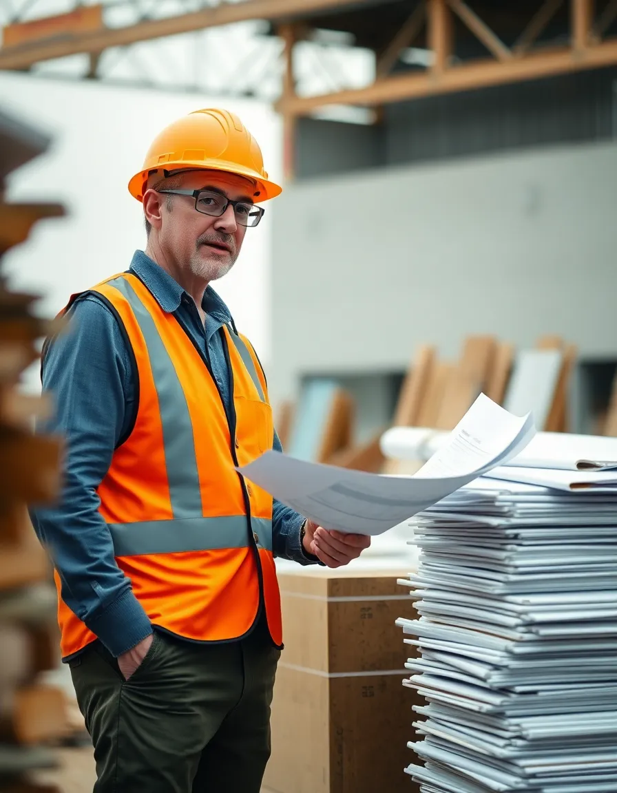 This image features an architectural engineer passionately discussing plans at a construction site, dressed in a bright safety vest. Overcast lighting softly illuminates the scene, creating a calm, focused atmosphere. The foreground materials introduce the context of construction while drawing attention to the engineer's engaged expression and gestures. The muted color tones blend seamlessly with the surroundings, emphasizing the importance of planning in the construction process. This thoughtful composition captures the essence of teamwork and professionalism in the industry.