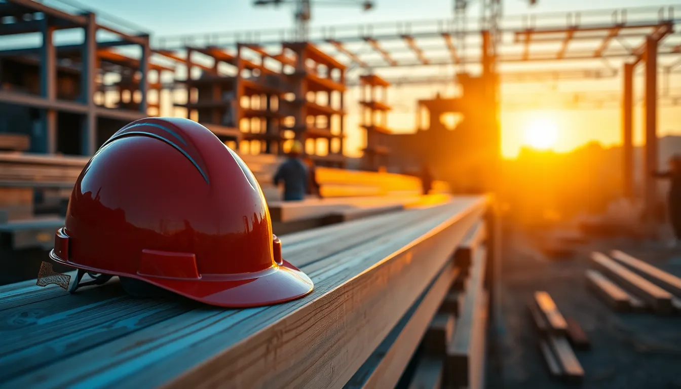 Construction Worker Reviewing Blueprints at Sunset