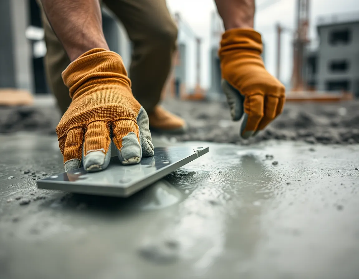 This close-up image showcases a construction worker smoothing freshly poured concrete. The overcast lighting enhances the natural textures of the wet cement and the worker's hands, emphasizing their labor and dedication. With everything in sharp focus, the image tells a story of hard work and craftsmanship amidst the busy construction site. The subdued color palette reflects the gritty atmosphere of the work environment.