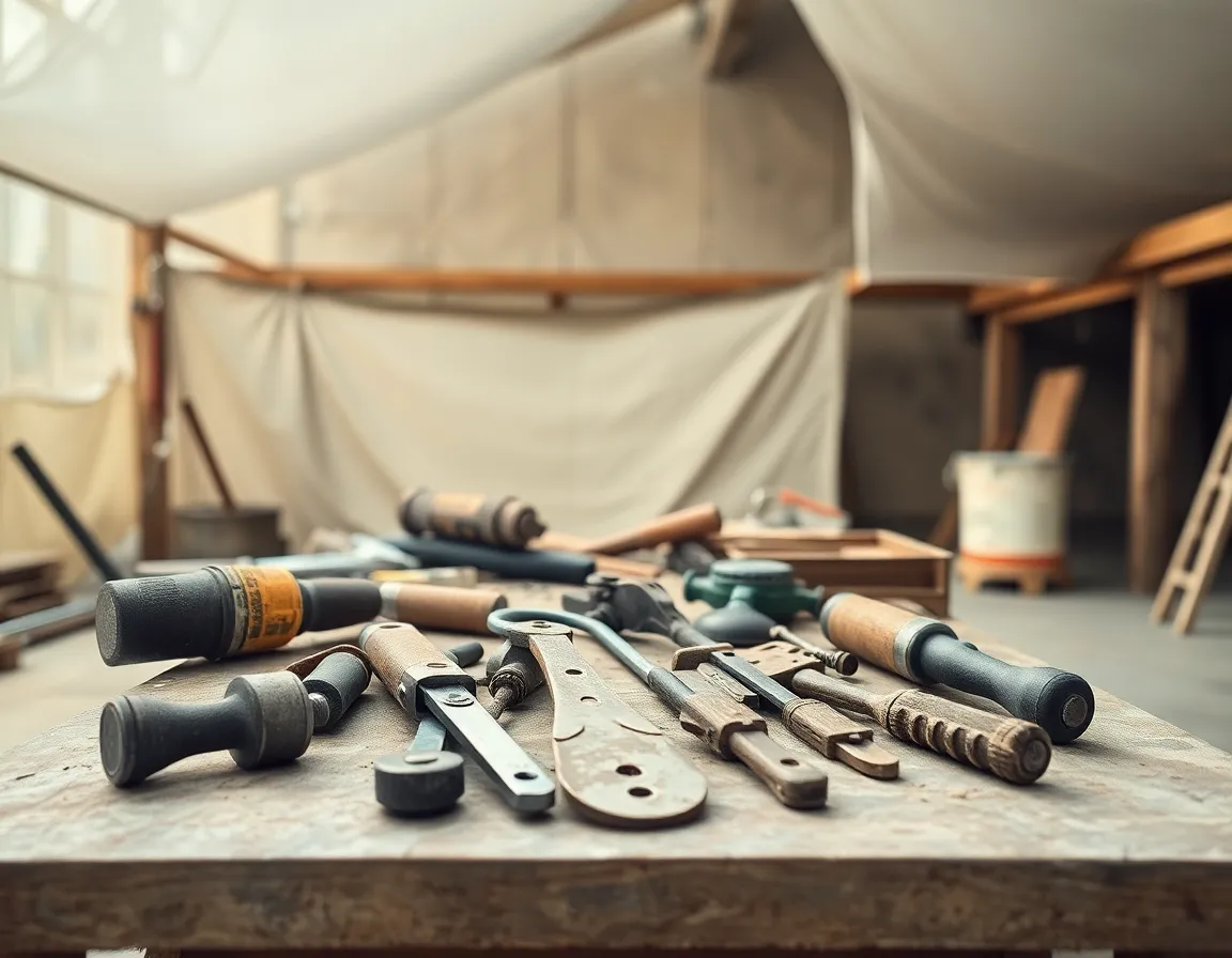 An overhead view of a construction table cluttered with weathered tools and materials under soft overcast light. The muted color palette reflects the earth tones of the surroundings, creating a calm yet industrious atmosphere. Each tool shows signs of use, telling stories of hard work and dedication. The centered composition draws attention to the detailed textures of the tools, emphasizing their importance in the construction process.