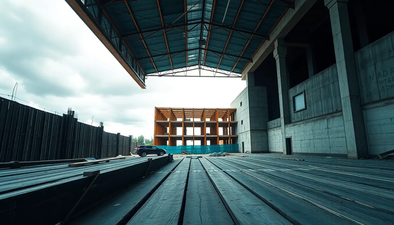 An evocative view of a construction site captured under overcast skies, showcasing a skeleton of a building framed by soft daylight. The use of leading lines highlights the architecture's developing form, while the colors are vivid, enhancing the raw materials used. The image reflects the transformative nature of construction, symbolizing progress and urban growth, making it suitable for architectural and industrial uses.