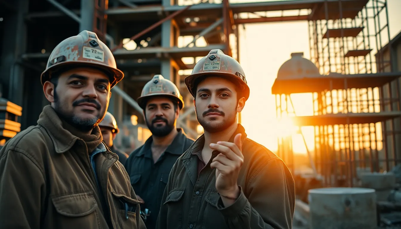 This image features construction workers actively engaged on a site during golden hour, illuminated by warm light. The focus is on their expressions and actions, surrounded by heavy machinery and scaffolding, creating a dynamic scene. The warm color palette enhances the mood of teamwork and hard work, while textured clothing and rough materials reflect the industrial environment.