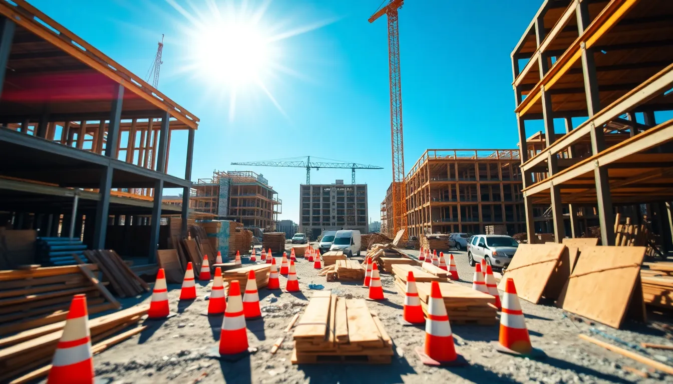 This image captures a lively construction site under bright midday sun, revealing the hustle and bustle of skilled workers and a variety of materials. The vibrant colors and sharp details highlight both the beauty and complexity of industrial work. With a unique tilt-shift perspective, the scene feels dynamic and engaging, drawing viewers into the intricate world of construction.