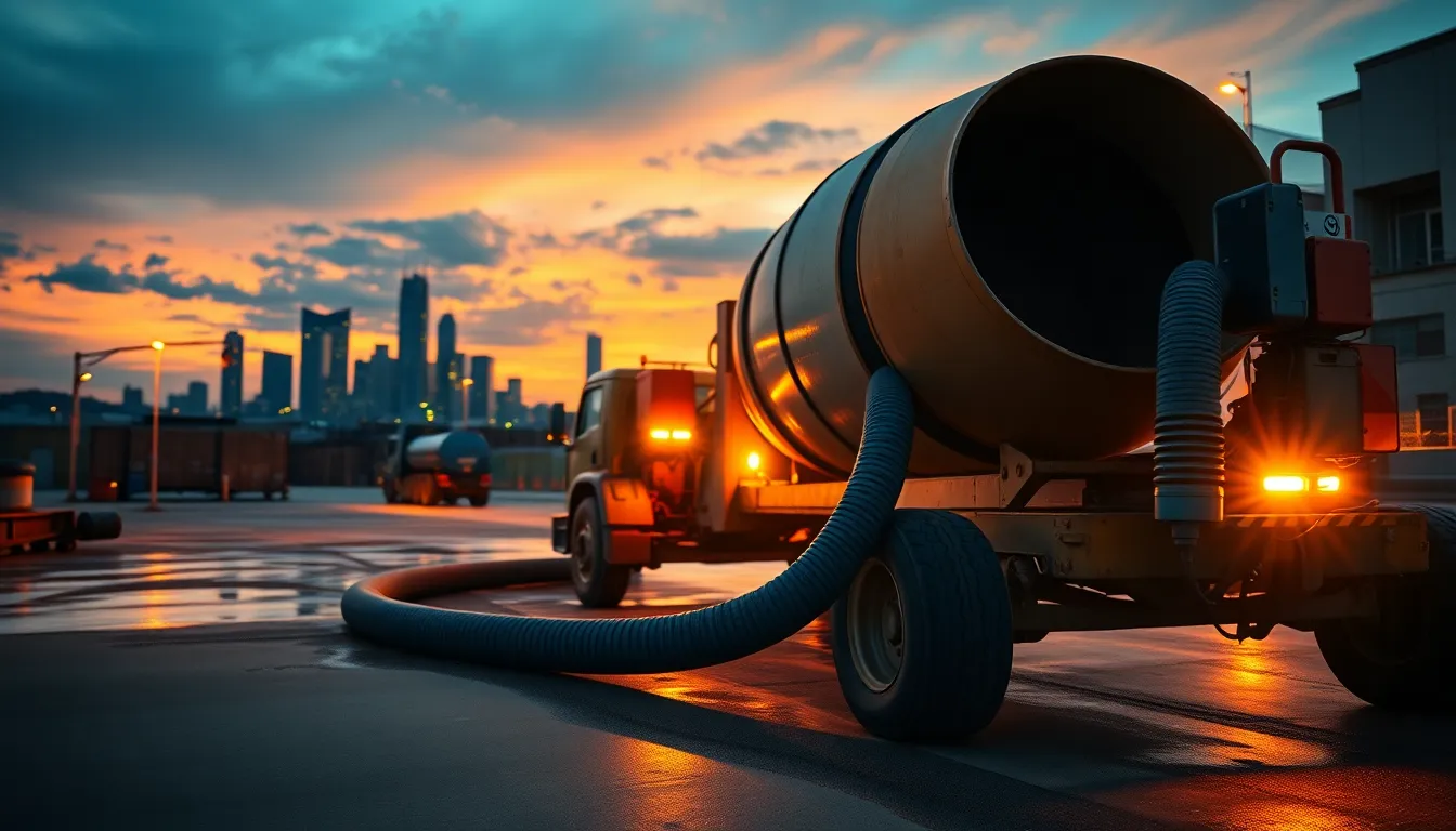 This dramatic image showcases a concrete mixer in full operation during dusk, surrounded by a vibrant urban skyline. The warm tungsten lights contrast beautifully with the cool tones of the sky, creating a cinematic ambiance. Sharp focus throughout enhances the texture of the wet concrete and machinery, while leading lines guide the viewer's eye toward the distant city lights. The blend of colors captures the essence of industriousness and urban life.