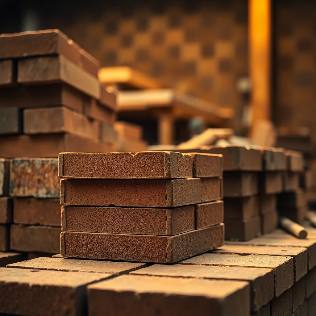 This detailed image focuses on a stacked arrangement of construction materials, showcasing the rustic beauty of timber and bricks. Warm tungsten lights cast inviting pools of light, emphasizing the textures and details of each material. The desaturated earth tones create a harmonious palette, evoking a sense of craftsmanship and authenticity. This close-up effectively conveys the tactile nature of construction, drawing viewers into the world of building.