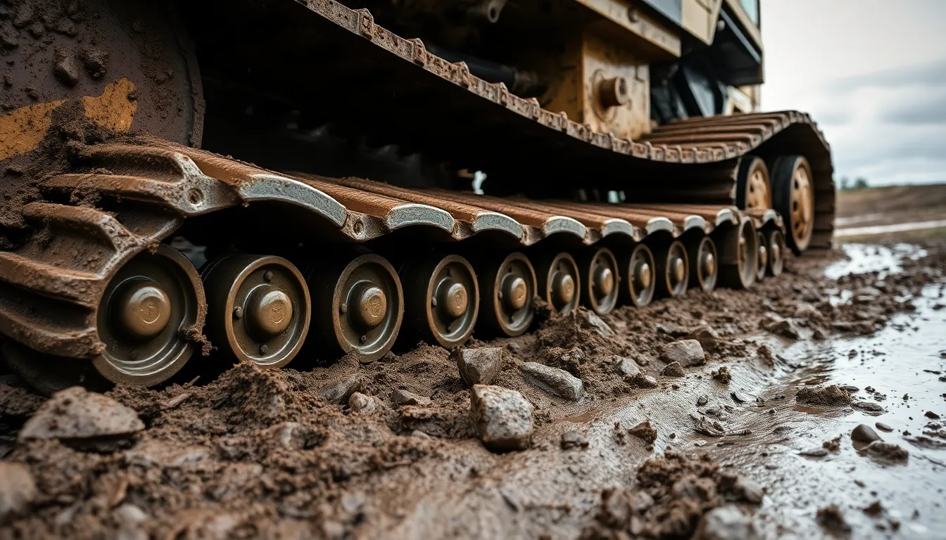 This macro image presents the intricate details of heavy machinery tracks imprinted in muddy soil after rain. The soft lighting enhances the natural textures, creating a tactile experience. The muted color tones reflect the moody atmosphere of a working site post-storm. The focus on the tracks invites viewers to consider the impact of construction in nature.
