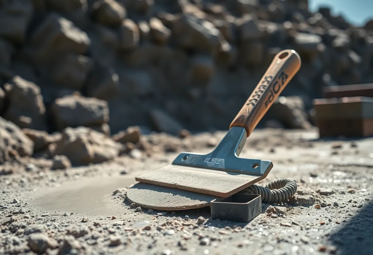 A close-up view captures a trowel in action, smoothing out a fresh batch of concrete on a construction site. The bright sunlight reveals the intricate details of both the equipment and the texture of the concrete, creating a vivid and dynamic image. The vibrant colors contrast sharply against the rugged surroundings, invoking a sense of industriousness. The composition uses the rule of thirds to balance the elements within the frame, enhancing depth.