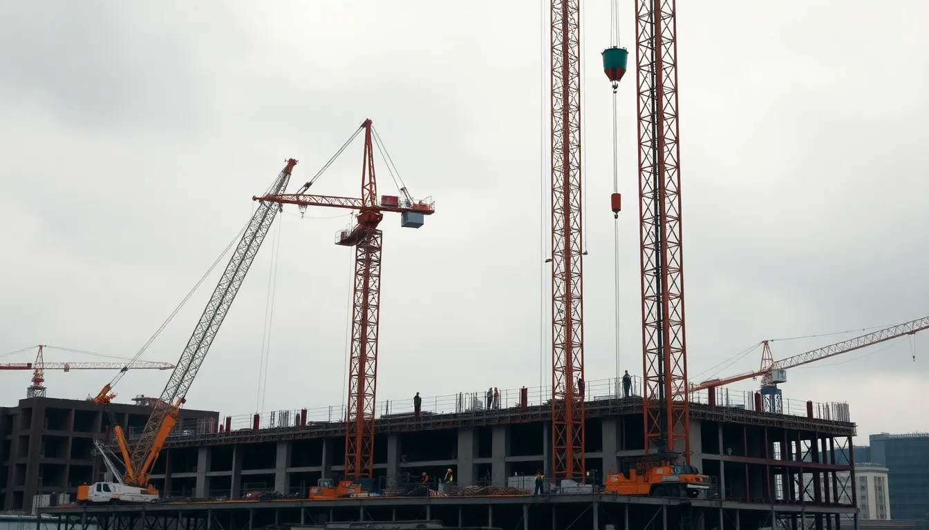 This image illustrates a bustling construction site, characterized by cranes and workers engaged in various activities amidst overcast weather. The diffused light from the clouds enhances the natural colors of the machinery and environment, creating a muted yet realistic palette. Leading lines formed by the cranes guide the viewer's attention, emphasizing the scale and teamwork inherent in the construction process.