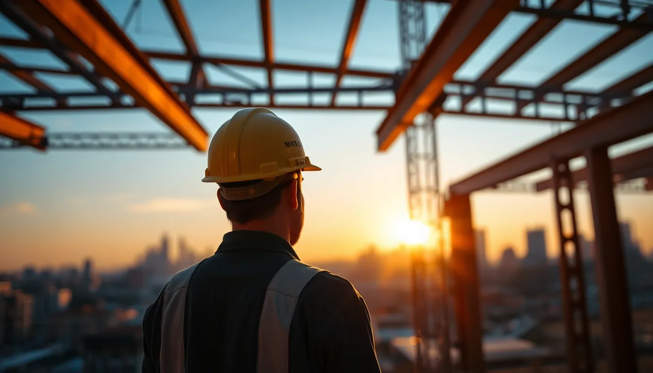 Construction Worker Overseeing Steel Beam Installation