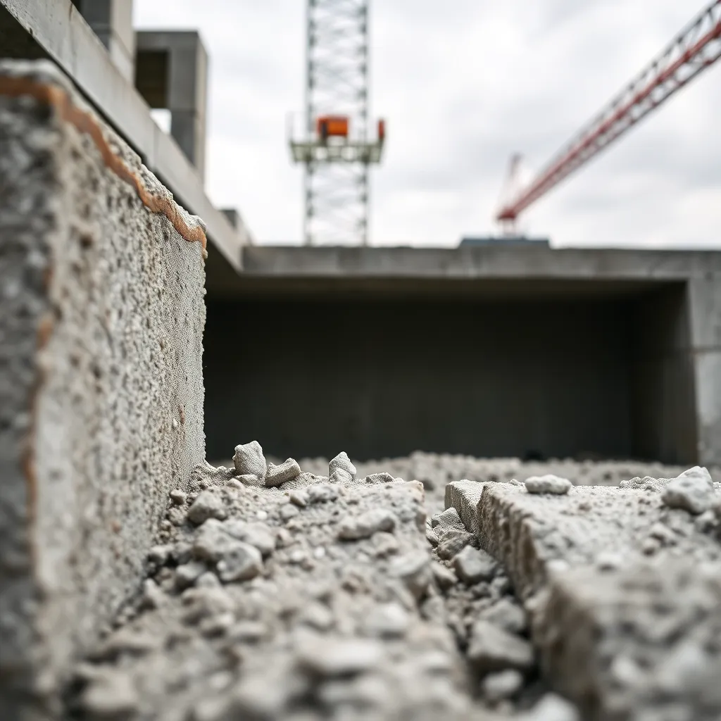 This close-up image showcases the intricate textures of concrete on a construction site, illuminated by soft natural light from an overcast sky. The rich, saturated colors reveal the coarse aggregate and rough surfaces, presented in stark detail. The symmetrical composition invites a deeper appreciation of the material's raw beauty.