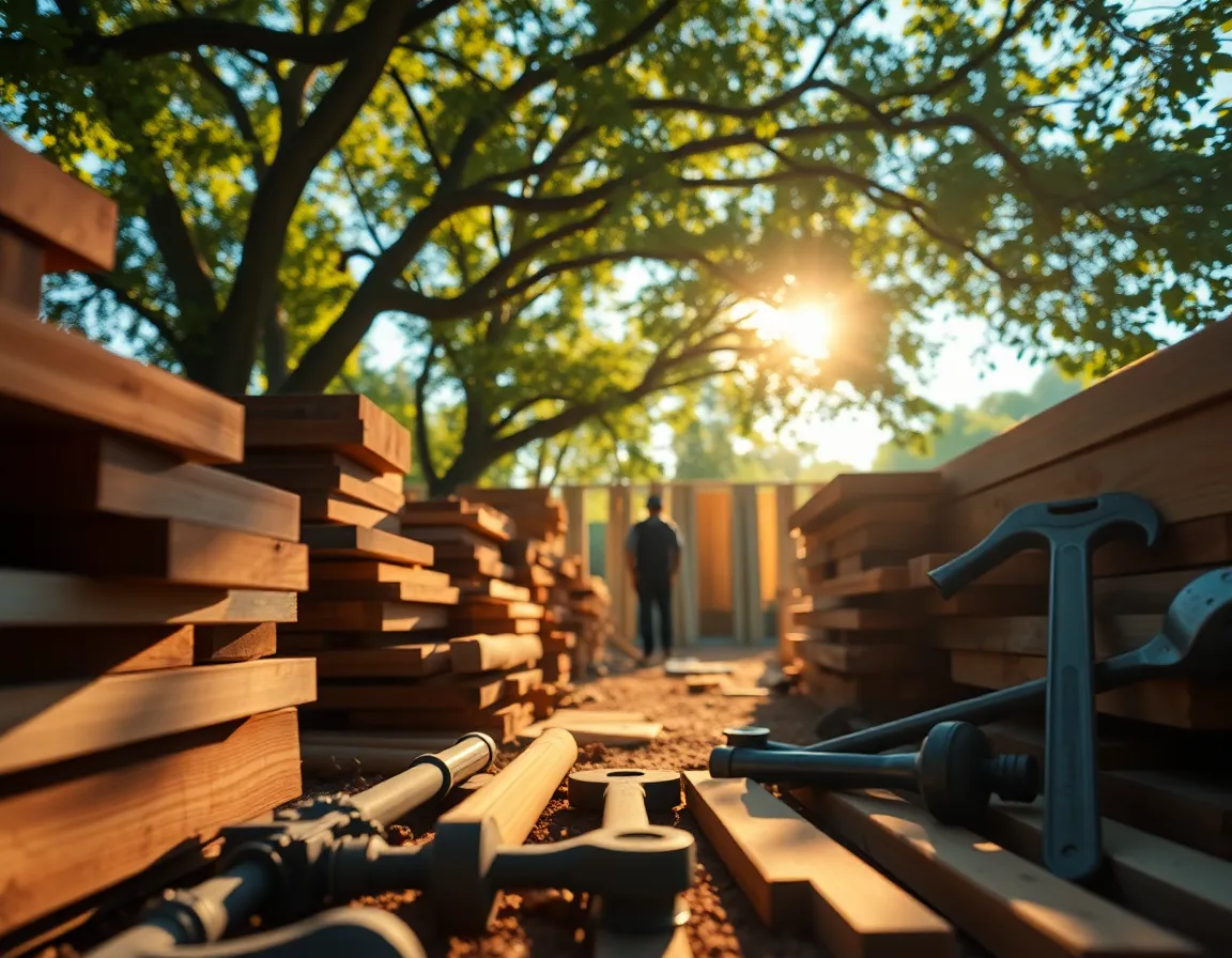 This close-up shot features a variety of construction tools arranged artfully under dappled sunlight that creates intricate shadow patterns. The cinematic color grading adds a rich visual impact, while the shallow depth of field isolates the tools against a painterly background. The composition effectively communicates the essence of craftsmanship and hard work, ideal for feature articles on construction and tools.